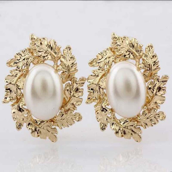 New Euramerican Vintage Pop Baroque Style Brand Jewelry Big pearl Golden leaves Earrings Hyperbole Pendientes Women Accessories AL-002