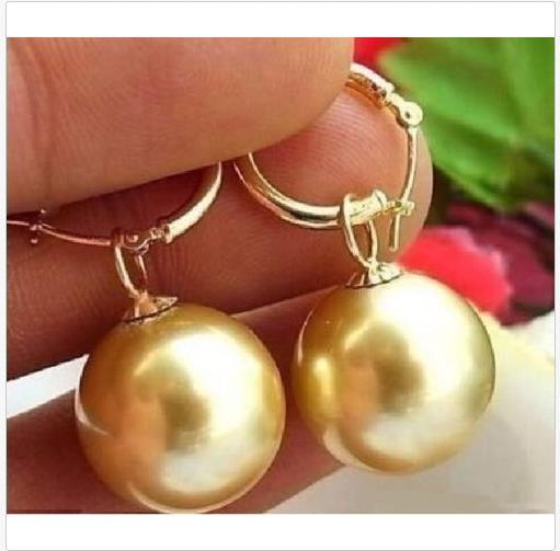 GENUINE HUGE AAA++ 15-16MM GOLDEN SOUTH SEA SHELL PEARL EARRING 14K + GIFT BOX