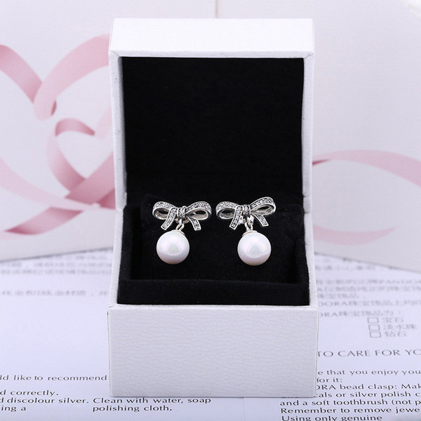 Luxury Jewelry Retro bow Pearl natural Pendant Dangle EARRINGS Original box for Pandora 925 Silver Delicate feelings Stud Earring