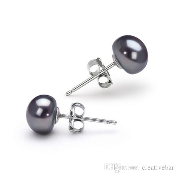 Real freshwater pearl silver 925 stud earrings, black natural pearls earrings for women size 7mm and 8mm