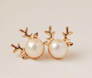 New fashion earrings cute deer antlers Pearl Stud Earrings best for Christmas gift High-quality nice earring free shiping