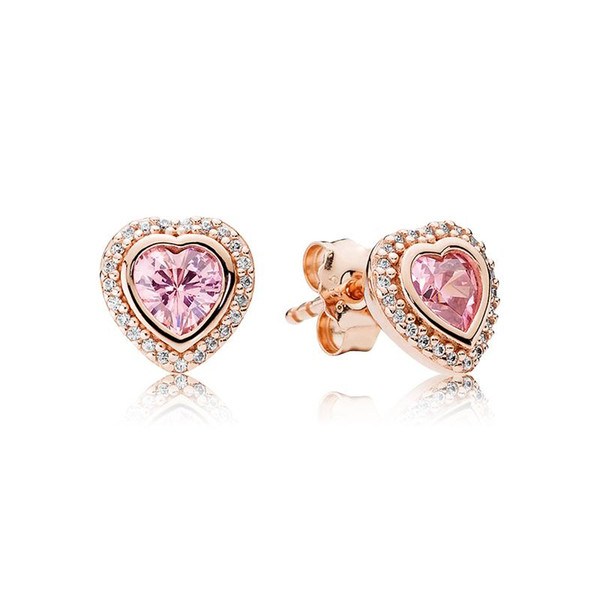 Pink stone CZ Diamond Heart Stud Earring Original Box Set for Pandora 925 Silver 18K Rose gold Earrings Women Gift