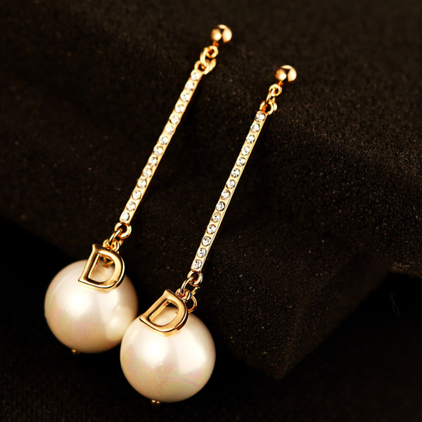 2017 New Arrival Korean Long Pearl Dangle Earrings for Women Fashion Cubic Zircon Letter Charms Brand Jewelry High Quality as gift