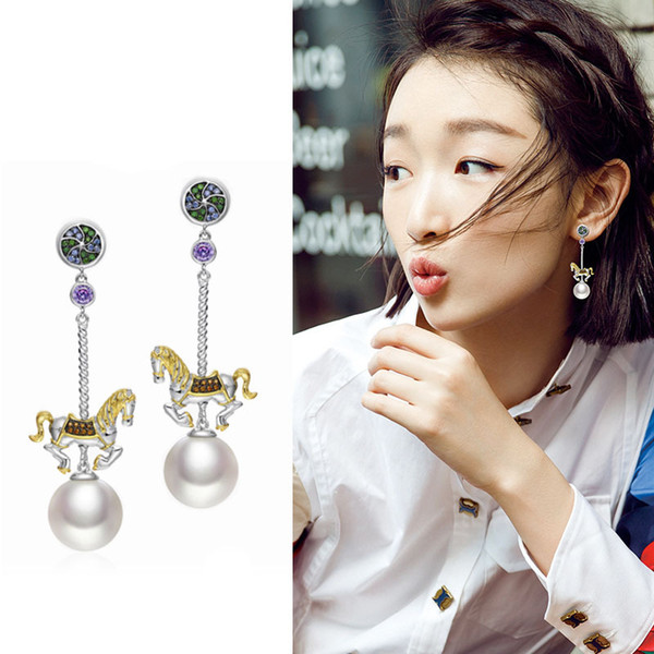 Carousel Gold Silver Color Cute Horse Drop Animal CZ Diamante White Imitation Pearl Earrings For Women Brincos Party