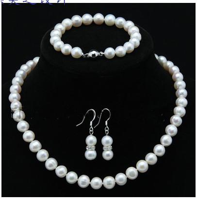 wedding gift Noble 7-8mm saltwater white /black/pink pearl bridal necklace bracelet earring 3piece set