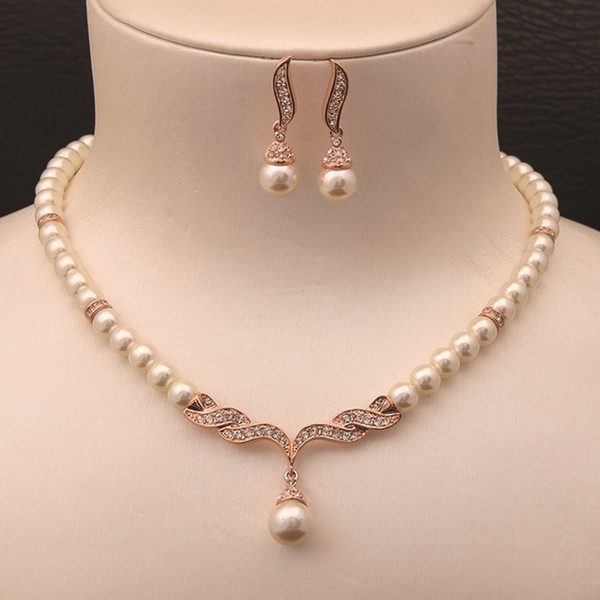 Rose Gold Color Cream Glass Pearl and Rhinestone Crystal Bridal Necklace and Earrings Jewelry Sets