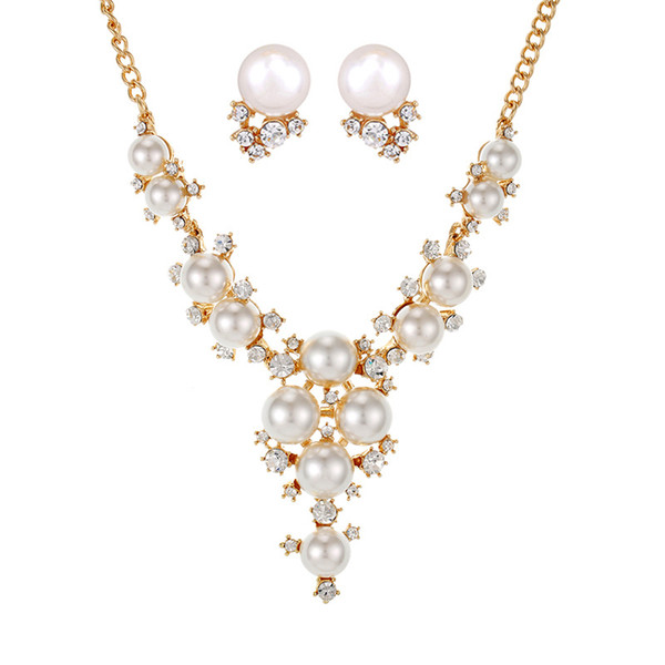 2016 Newest Gold Women Bridal Wedding Jewelry Sets Charm Crystal Pearl Pendant Necklaces Earrings Sets Shininy African Jewelry Set