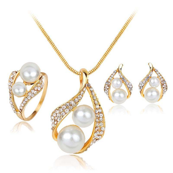 New Crystal Double Pearl Jewelry Sets for Wedding Brides Bridesmail Gold Plated Necklaces Earrings Rings Women Fashion Jewlery