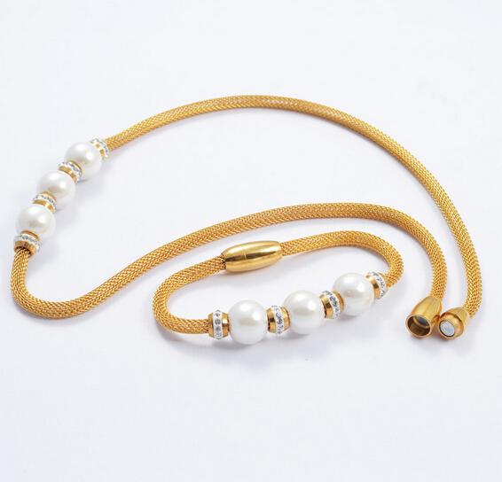 Two Tone High Grade Crystal With Three White Pearl Drill CZ Mesh Wire Chain Bracelet &Necklace Set Stainless Steel Gold&Silver