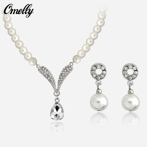 New Women Crystal Pearl Pendant Necklace Earring Jewelry Set Silver Plated Chain Necklace Jewelry 5pcs Sale