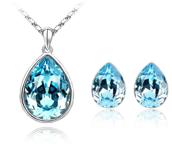 5sets Delicate Crystal Teardrop Wedding Bridal Bridesmaid Earring Pendant Necklace Jewelry Set Waterdrop Earrings+Sautoir Blue Red B137A82