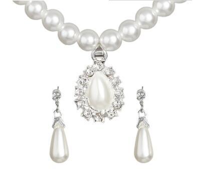 Fashion jewelry sets ellipse Drops white pearl crystal rhinestone necklace earrings sets Wedding Engagement bridal jewelry sets