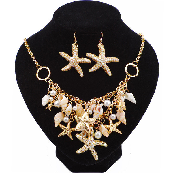 Natural Fresh Summer Beach Starfish Conch Necklace Jewelry Marine Pearl Starfish Shell Double Necklace Earrings Jewelry Set