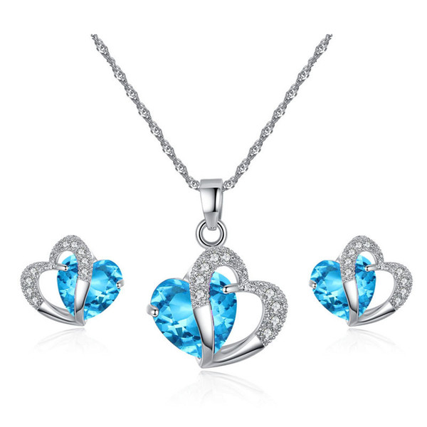 Austrian crystal Jewelry set Cubic zirconia CZ Double Heart shape Pendant Necklace Stud Earrings Sets For women Luxury Jewelry Gift