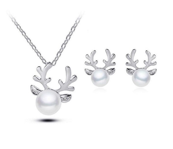 12 sets/lot, High-grade Necklace Pendant Earring suit Inlaid Pearl Christmas Antler Earring Shining Not fading Three pieces jewellery suit