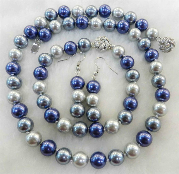 Hand knotted charming 10 mm white/ gray /blue multicolor shell pearl necklace 18