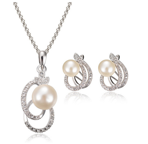 Fashion Pearl Necklace Earrrings Jewelry Set Silver Plated Alloy Crystal Pearl Jewelry For Women Best Jewelry CAL11043I