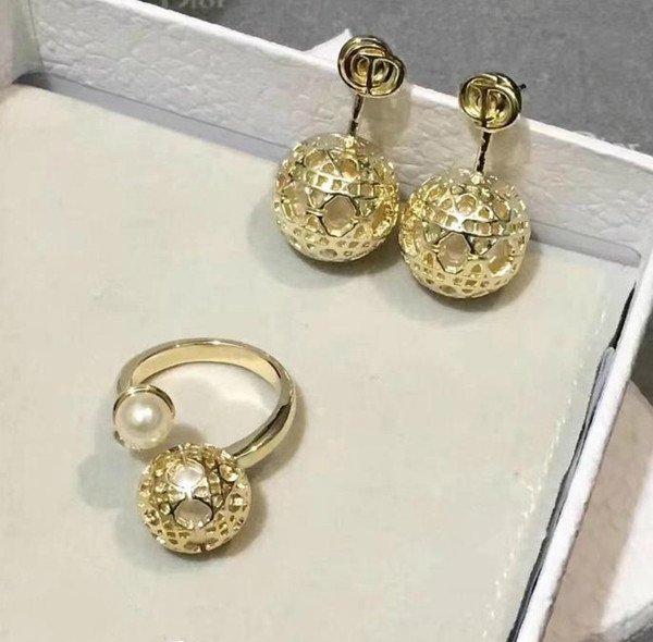 women luxury jewelry set gold letter rattan hollow pearl Earrings Ring European designer letter C and D Wedding Engagement jewelry se