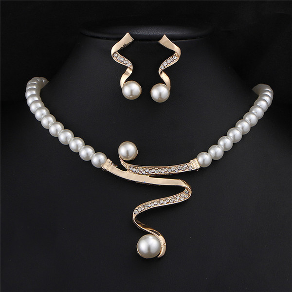 Vintage Simulated Pearl Jewelry Sets For Women Gold Color Wedding Bridal Crystal Necklace Earrings African Set YMNJ292