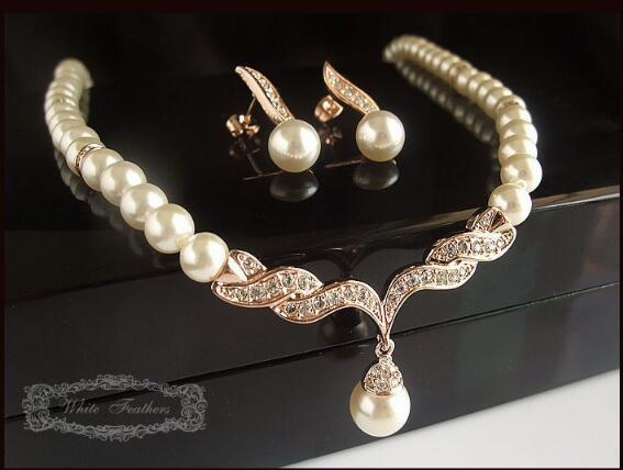 Rose Gold Bridal Jewelry Sets Cream Faux Pearl Rhinestone Crystal Diamante Wedding Necklace and Earrings