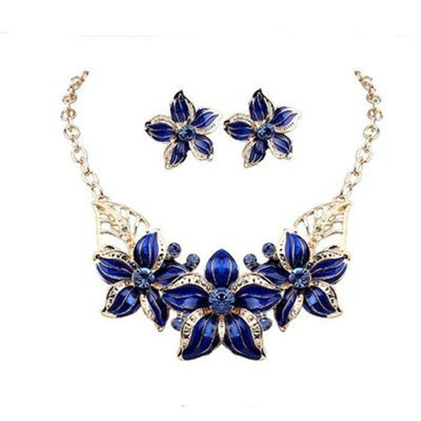 Factory Direct European And American Fashion Flower Drop Oil Diamond Earrings Necklace Set Best Selling Jewelry Wholesale