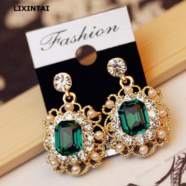 Elegant LIXINTAI brand Inlaid Pearl Earrings Made with SWAROVSKI green Crystal Glittering drill Imbue Elegant shape Fine Jewelry Ear Studs