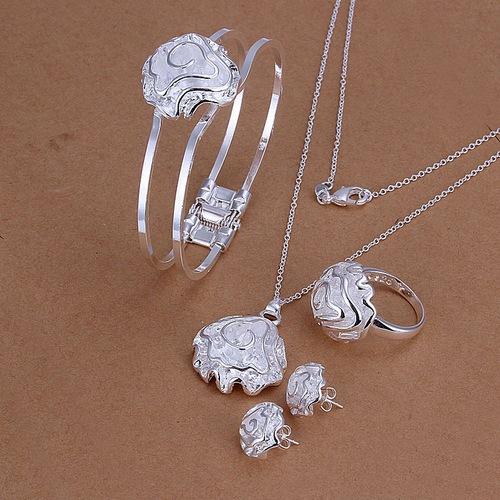 52g fashion design Rose shape 925 silver necklace bracelet earring ring set fit women,High quality 925 silver plated jewelry set,DS-334