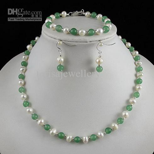 Nice pearl jewelry set AA 6-7MM White Genuine freshwater pearl & green jade Free shipping A2429