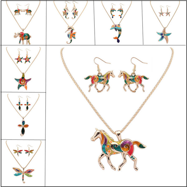 Hot Enamel Starfish Elephant Dolphin Animal Charm Necklace Earring Sets Women's 14K Gold Plated Colorful Drip Resin Paint Pendant Necklace