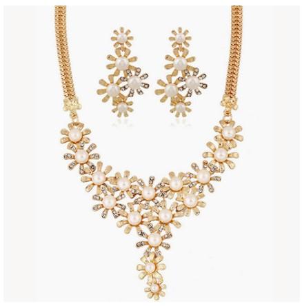 Shining Elegant Wedding Bridal Jewelry Prom Pearl Rhinestone Crystal Flower Birdal Jewelry New Bling necklace and earring set Christmas