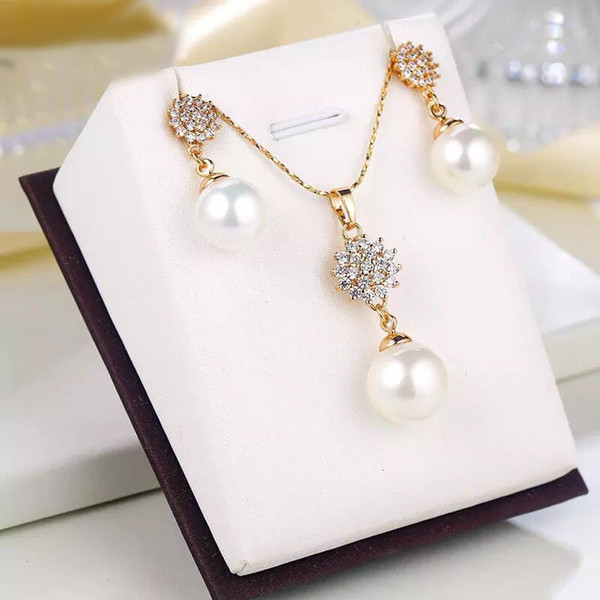 (216S) Smooth Big Pearl Pendant Necklace and Drop Earring Jewelry set For Elgant Women OL style 18k Gold Plated High Quality