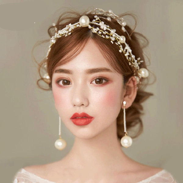 Comb flower brill simple beautiful flower large pearl mi Zhu headband, pearl earring necklace set wedding modeling accessories