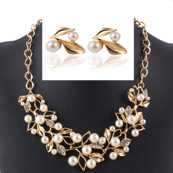 (6 set / lot)Fashion elegant branches jewelry set imitated pearl crystal leaf earrings and necklace set