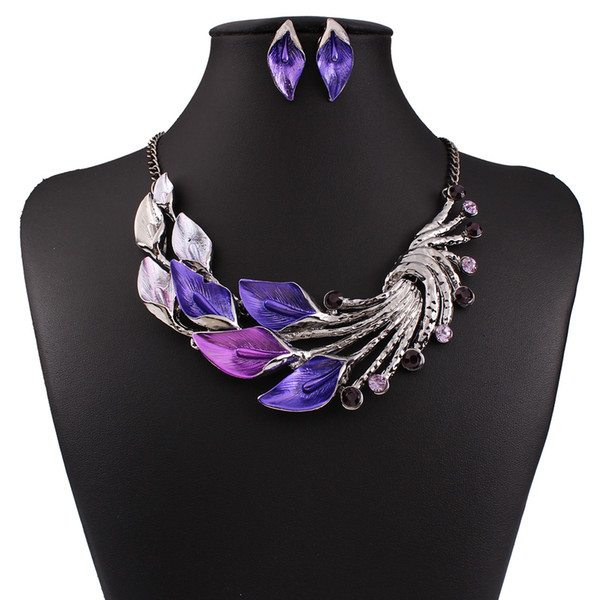 New Women Austrian Crystal Enamel Jewelry Sets flower 4 Colors Jewelry Sets Chain Necklace Earrings sets