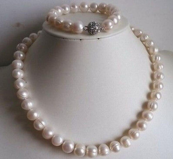 9-10mm White freshwater Cultured Pearl Necklace Bracelet Set 18