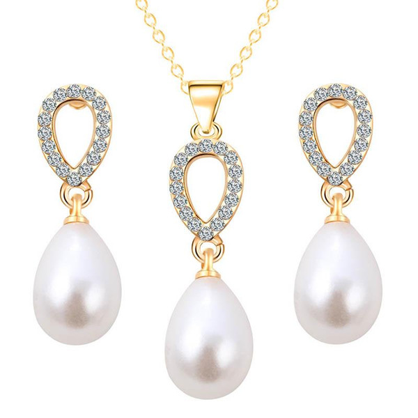 Crystal Pearl Water Drop Necklace Earings Studs Jewelry Sets with Gold Silver Chain Women engagement Wedding Jewelry Gift