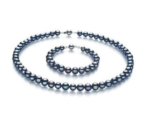 NEW GENUINE FINE SET 8-9MM TAHITIAN BLACK BLUE PERFECT ROUND PEARL NECKLACE BRACELET 18