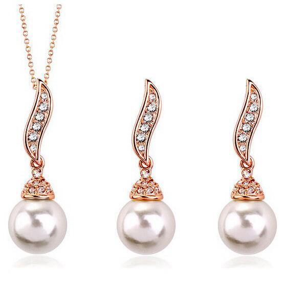 18K Gold Silver Plated White Ball Pearl Necklace Earrings Jewelry Set for Women Crystal Bridal Wedding Jewelry Set Wholesale Price