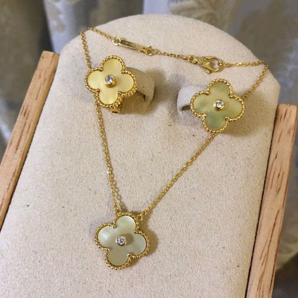 Vintage Alhambra S925 Sterling Silver With 18k Gold Plated Four Leaf Clover Ceramic Flower Pendant Necklace And Earrings Jewelry Set