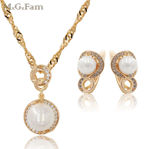 (217S) Gift For Mother's Day Smooth Pearl Pendant Necklace and Hoop Earring Jewelry set For Women 18k Gold Plated High Quality