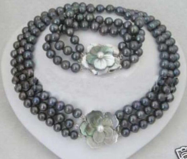 NEW Noblest 3 row 7-8MM black pearl necklace bracelet set 17-19