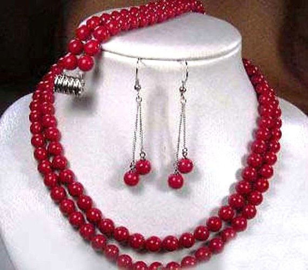 2 rows Natural Tibet red coral round beads necklace earrings bracelet set AAA