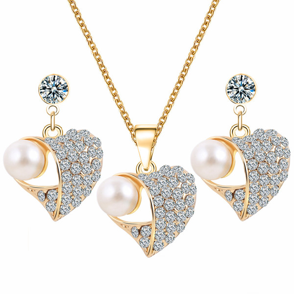 New Promotion Heart Pendent Full With Rhinestone Crystal Imitation Pearl Necklace Earrings Jewelry Sets For Women