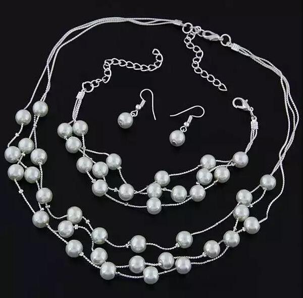 Korean style, sweet, sweet and elegant pearl multi-layer necklace with three pieces of earring bracelet suit