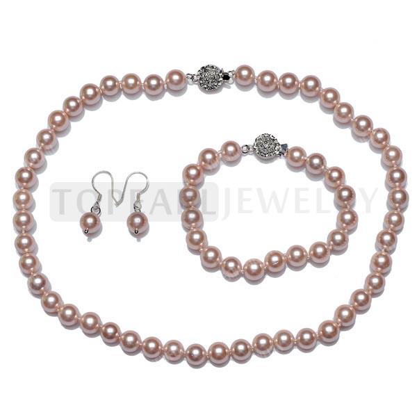 Free shipping!Necklace Bracelet Earrings Set Pink Shell Pearl 8mm Beads SPN123