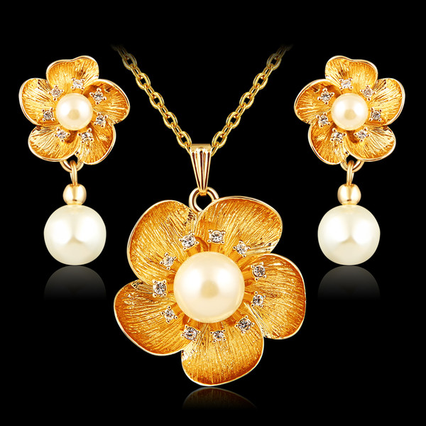 Crystal jewelry sets for women girl 18k gold platinum plated african nigerian wedding bridal flowers charm necklace earrings set