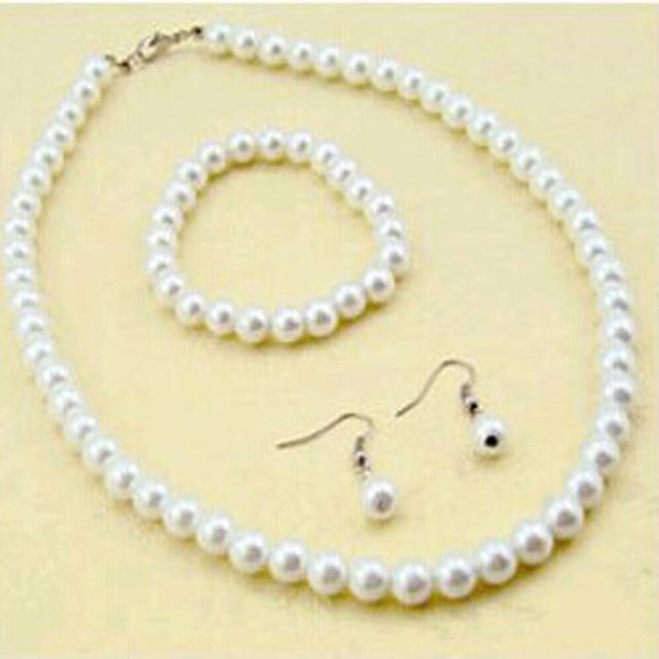 new fashion hot sale man-made cheap 8mm Pearl Necklace+Bracelet+ Earring 3 piece bride Jewelry Set free shipping