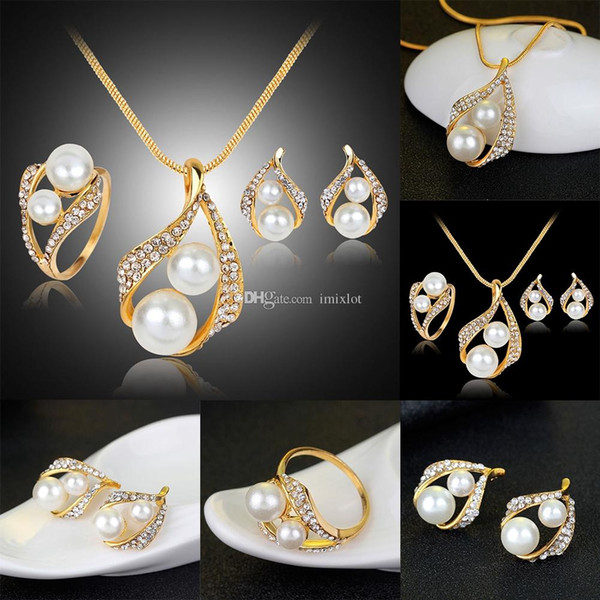 1 Set Brand New Simulated Pearl Crystal Necklace Earrings Ring For Women Free Shipping