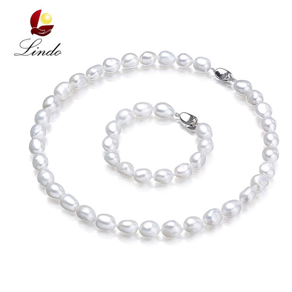 Elegant Baroque Pearl Jewelry Set 9-10mm White Natural Freshwater Pearl Necklace Bracelet for Women with Silk Bag