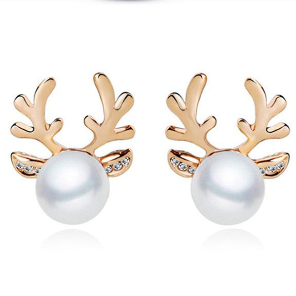 Europe and the United States Christmas jewelry alloy inlaid pearl rhinestone antler earrings fashion hot sale elk small animal earrings whol